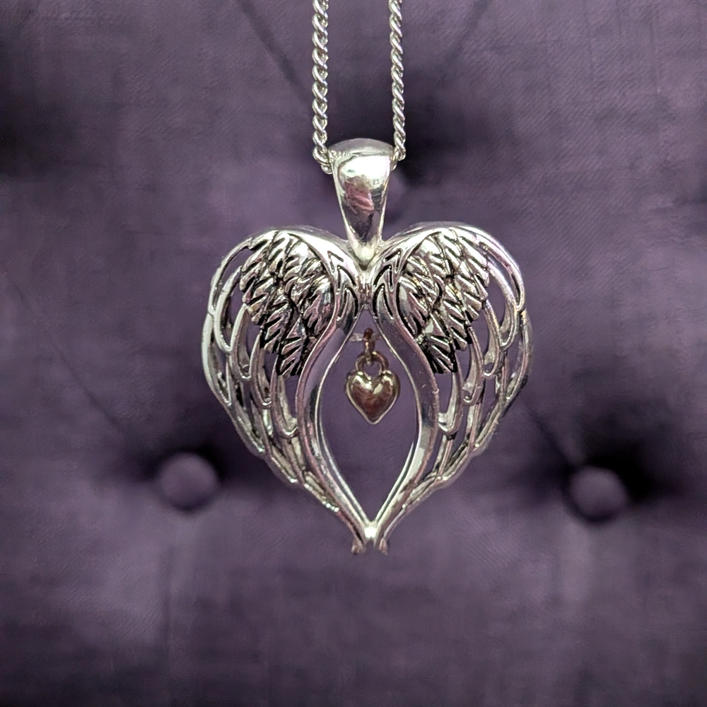 Silver Angel Wing Heart Pendant Necklace